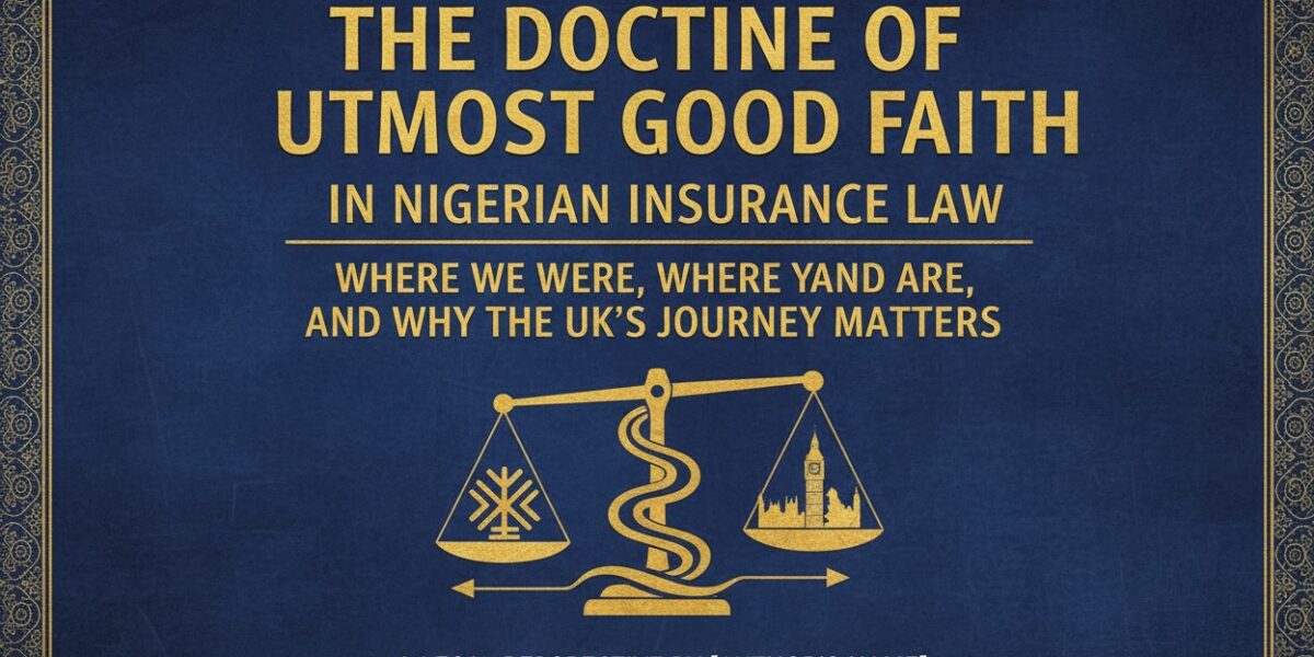 A graphic titled The Doctrine of Utmost Good Faith in Nigerian Insurance Law features a golden scale and ornate blue border.