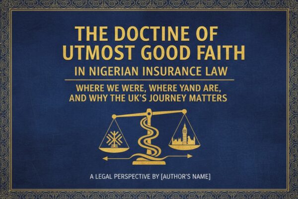 A graphic titled The Doctrine of Utmost Good Faith in Nigerian Insurance Law features a golden scale and ornate blue border.