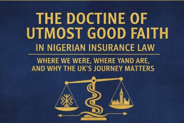 A graphic titled The Doctrine of Utmost Good Faith in Nigerian Insurance Law features a golden scale and ornate blue border.